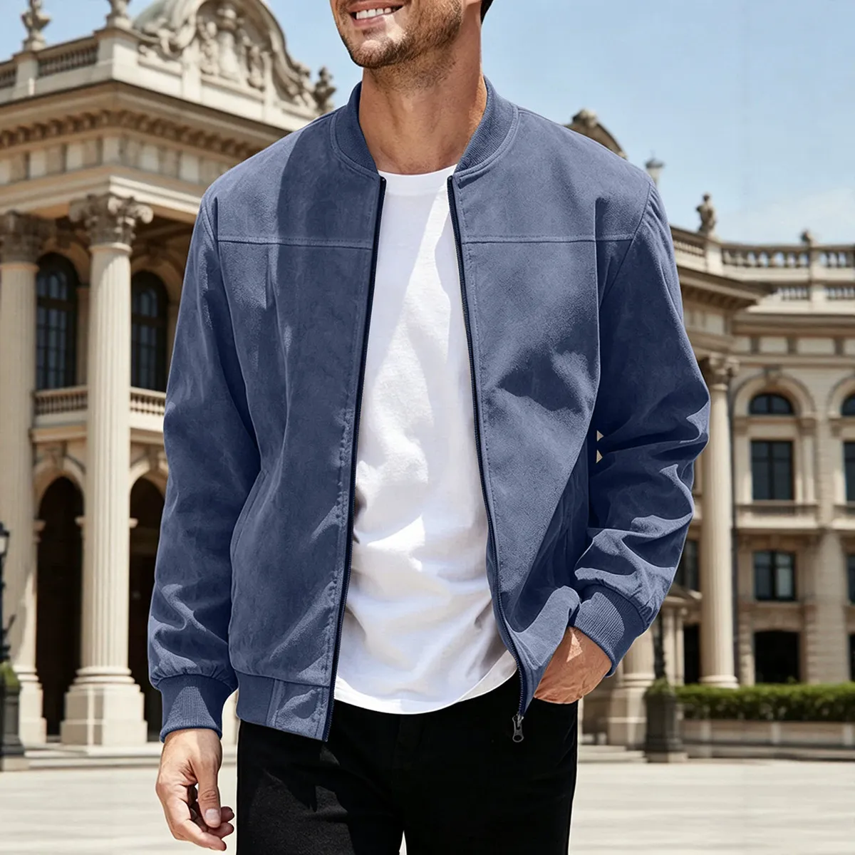 Men'S Fashion Casual Autumn Solid Color Suede Long-Sleeve Zipper Jacket
