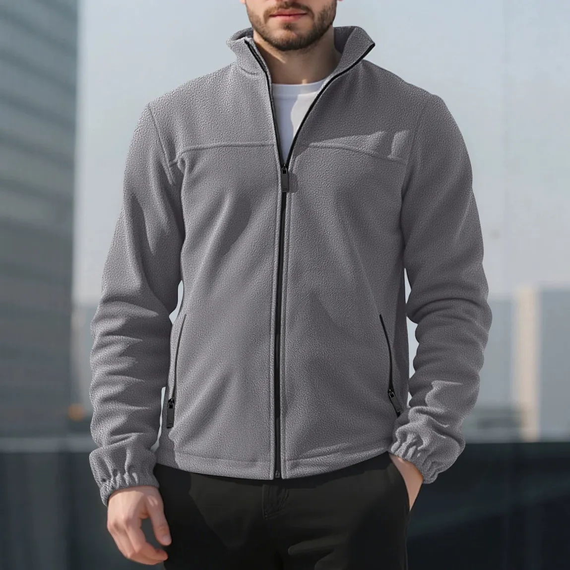 Men Fashion Casual Autumn And Winter Solid Color Velvet Vertical Collar Long-Sleeve Coat