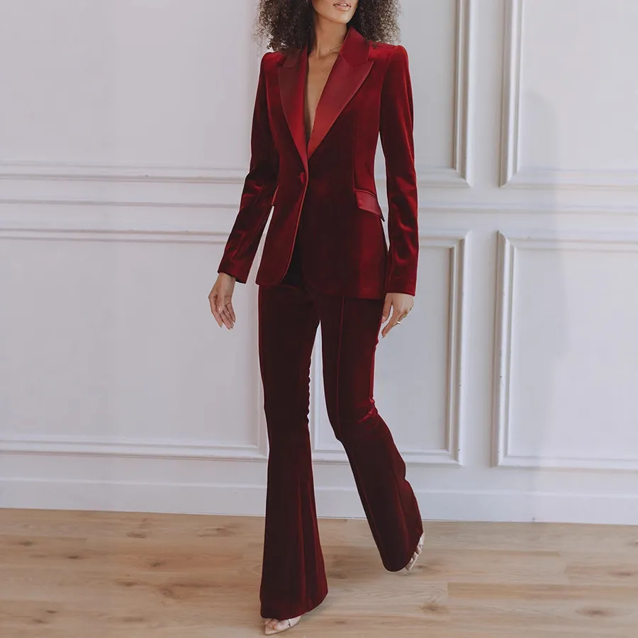 Women Fashiion Causal Office Autumn And Winter Solid Color Velvet Lapel Long Sleeve Blazer Straight Pants Two-Piece Set