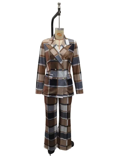 Women Fashion Casual Office Spring And Autumn Plaid Printed Lapel Long-Sleeve Blazer Slim-Fit Pants Two-Piece Set