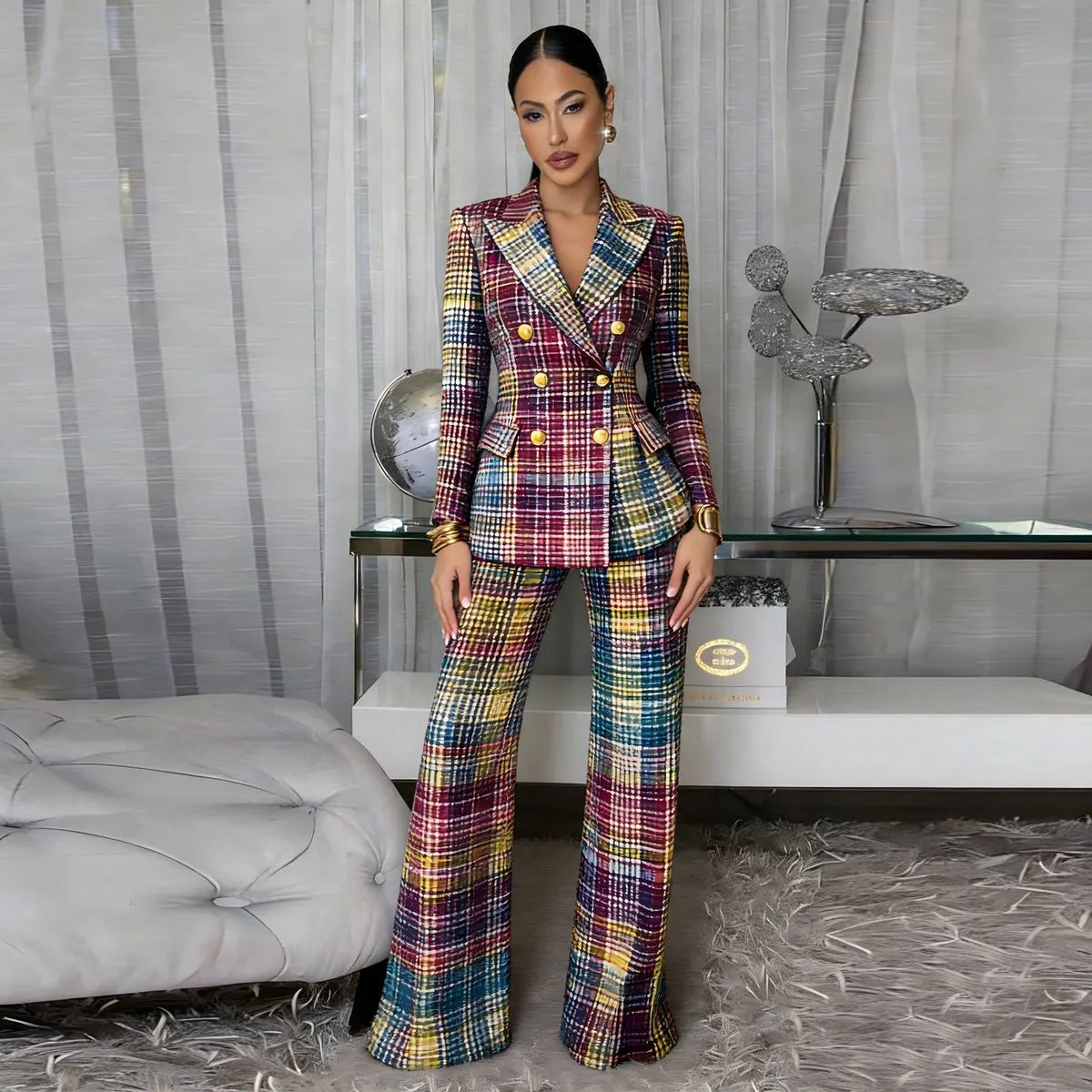 Women Fashion Casual Office Spring And Autumn Plaid Printed Lapel Long-Sleeve Blazer Slim-Fit Pants Two-Piece Set