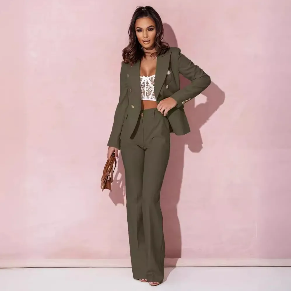 Women'S Fashion Casual Office Solid Color Lapel Long-Sleeve Double-Breasted Blazer Straight Pants Two-Piece Set