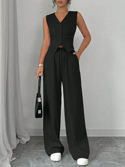 Women Fashion Casual Office Spring And Summer Solid Color Button Sleeveless Vest Loose Pants Two-Piece Set