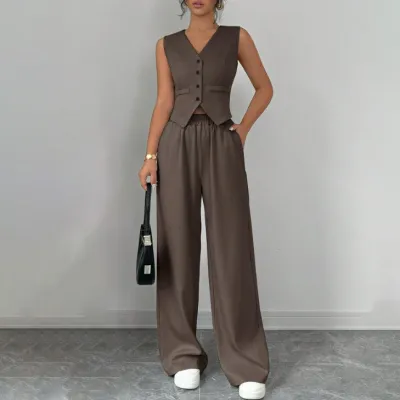 Women Fashion Casual Office Spring And Summer Solid Color Button Sleeveless Vest Loose Pants Two-Piece Set
