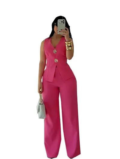 Women Fashion Casual Office Solid Color Vest High Waist Wide Leg Pants Two-Piece Set