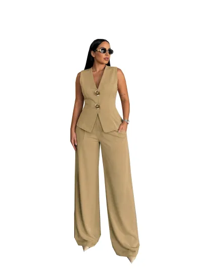 Women Fashion Casual Office Solid Color Vest High Waist Wide Leg Pants Two-Piece Set