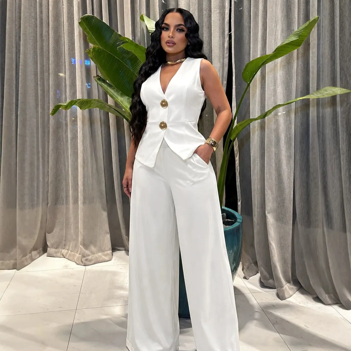 Women Fashion Casual Office Solid Color Vest High Waist Wide Leg Pants Two-Piece Set