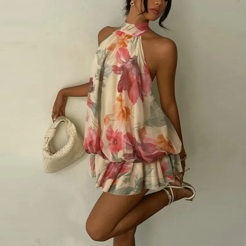 Women Fashion Floral Print Halter Backless Sleeveless Mini Dress