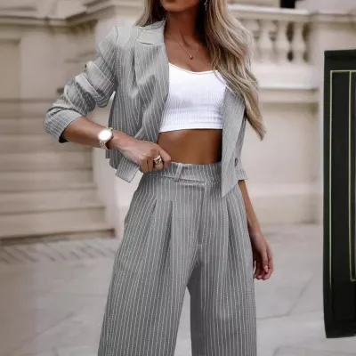 Women Fashion Casual Office Autumn Stripe Lapel Long-Sleeve Jacket Straight Pants Two-Piece Set