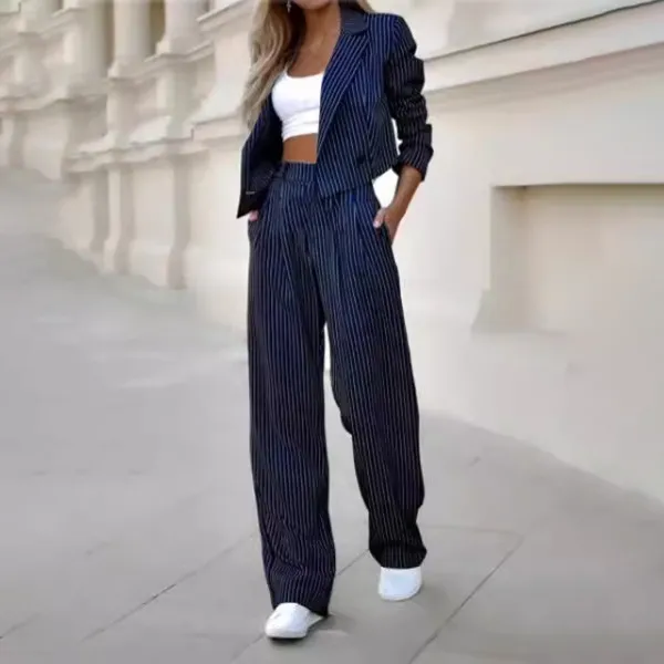Women Fashion Casual Office Autumn Stripe Lapel Long-Sleeve Jacket Straight Pants Two-Piece Set