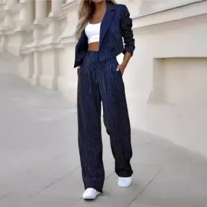 Women Fashion Casual Office Autumn Stripe Lapel Long-Sleeve Jacket Straight Pants Two-Piece Set