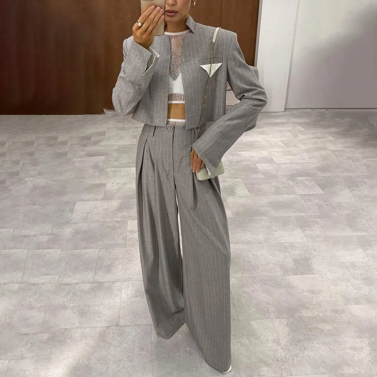 Women'S Fashion Casual Office Autumn Stripe Long-Sleeve Jacket Wide Leg Pants Two-Piece Set