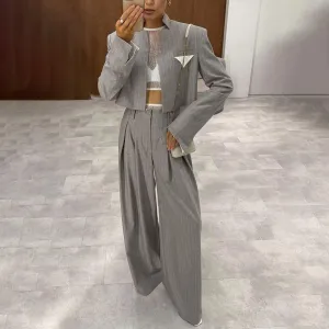 Women'S Fashion Casual Office Autumn Stripe Long-Sleeve Jacket Wide Leg Pants Two-Piece Set