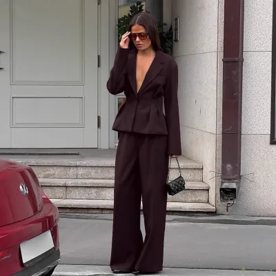 Women Fashion Casual Autumn Office Solid Color Lapel Long-Sleeve Blazer Straight Pants Two-Piece Set