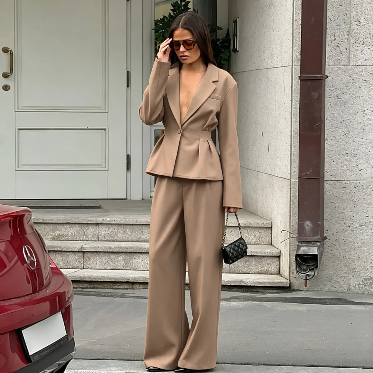 Women Fashion Casual Autumn Office Solid Color Lapel Long-Sleeve Blazer Straight Pants Two-Piece Set
