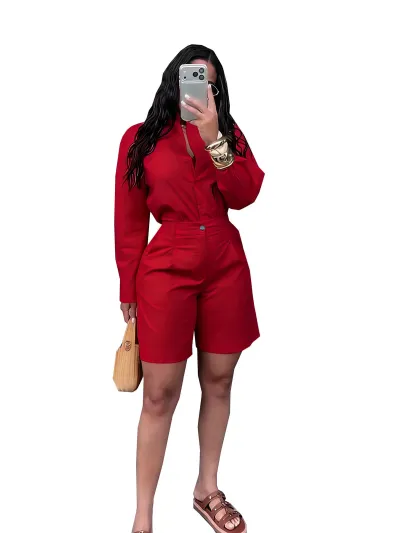 Women Fashion Casual Office Summer Solid Color Lapel Long Sleeve Blouse Shorts Two-Piece Set
