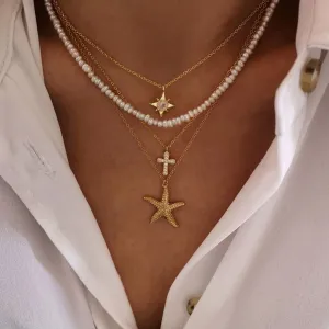 Women Fashion Retro Starfish Cross Pearl Sun-Shaped Diamond Pendant 4-Layer Necklace