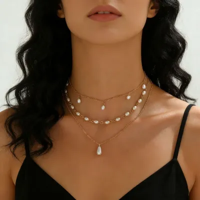 Women Fashion Elegant Multi-Layer Pearl Pendant Necklace