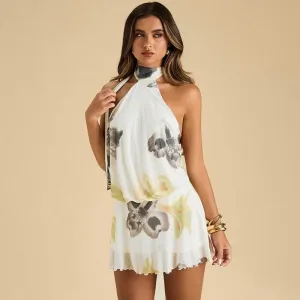 Women Fashion Floral Print I-Neck Mini Dress