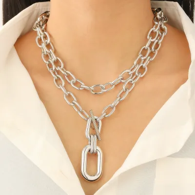Women Fashion Geometric Metal Buckle Collar Two-Layer Necklace