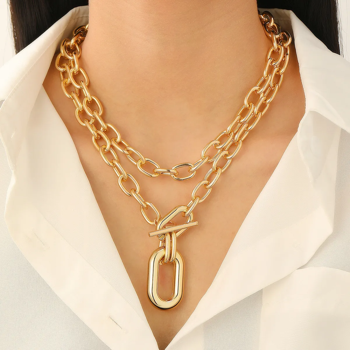 Women Fashion Geometric Metal Buckle Collar Two-Layer Necklace