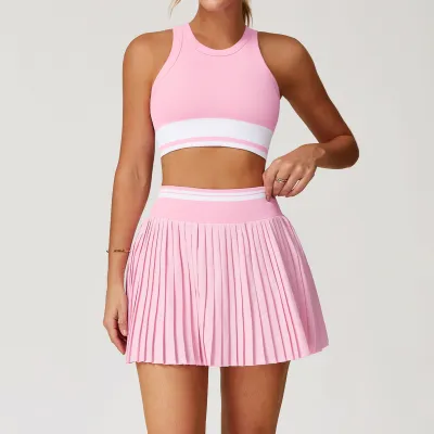 Women Fashion Color Block Naked Bra Mini Ruffled Skirt Quick-Drying High Waist Sports Yoga Two-Piece Set