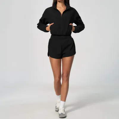 Women Fashion Casual Solid Color Lapel Long-Sleeve Jacket Loose Shorts Quick-Drying Sports Two-Piece Set