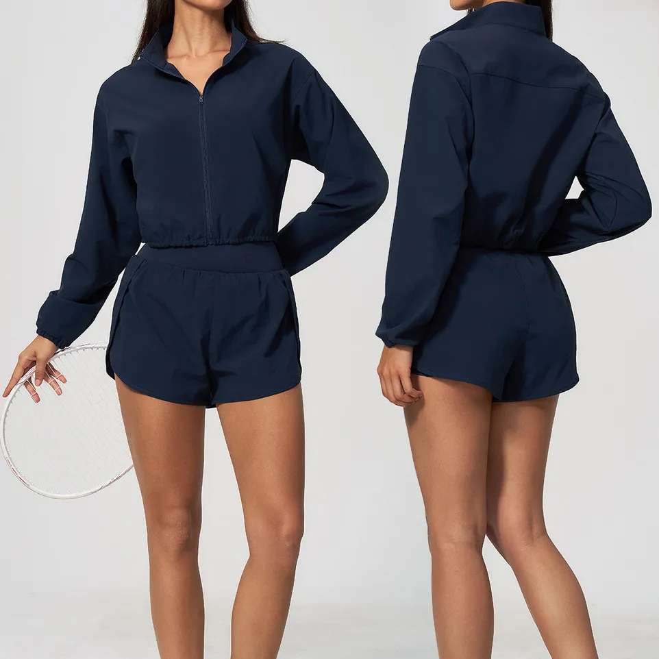 Women Fashion Casual Solid Color Lapel Long-Sleeve Jacket Loose Shorts Quick-Drying Sports Two-Piece Set