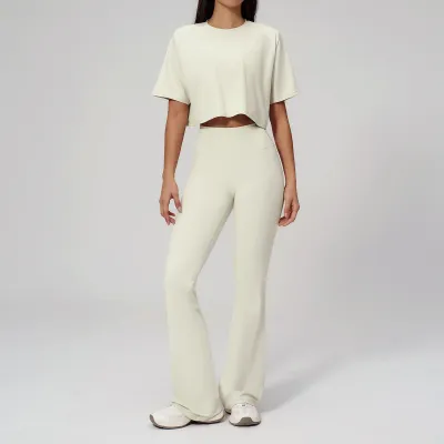 Women Fashion Casual Solid Color Short-Sleeve T-Shirt Slim-Fit Pants Quick-Drying Sports Two-Piece Set