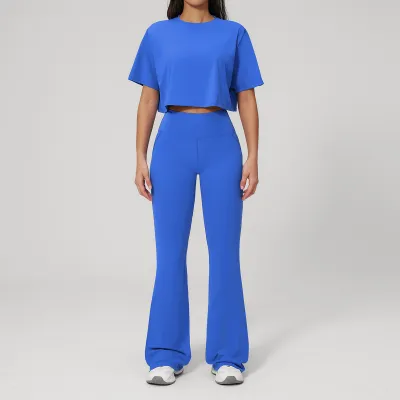 Women Fashion Casual Solid Color Short-Sleeve T-Shirt Slim-Fit Pants Quick-Drying Sports Two-Piece Set