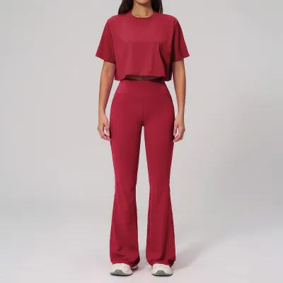 Women Fashion Casual Solid Color Short-Sleeve T-Shirt Slim-Fit Pants Quick-Drying Sports Two-Piece Set