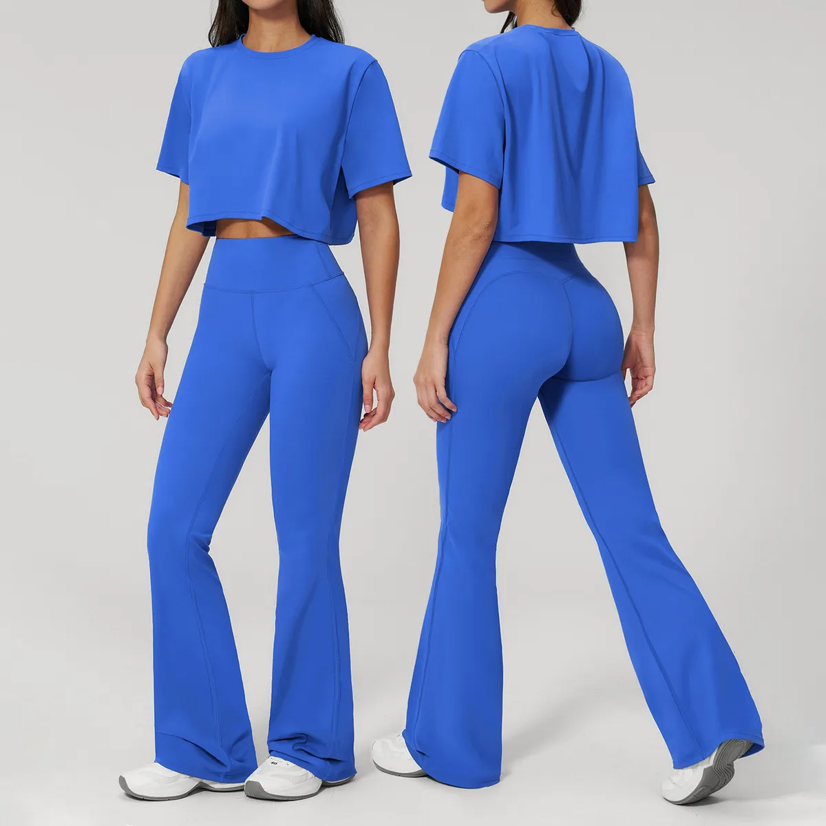 Women Fashion Casual Solid Color Short-Sleeve T-Shirt Slim-Fit Pants Quick-Drying Sports Two-Piece Set