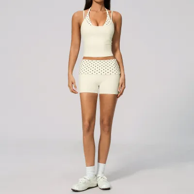 Women Fashion Stitching Halter-Neck Camisole Tight Shorts Quick-Drying Sports Yoga Two-Piece Set