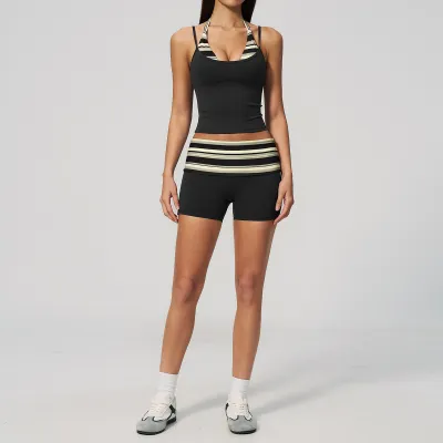 Women Fashion Stitching Halter-Neck Camisole Tight Shorts Quick-Drying Sports Yoga Two-Piece Set