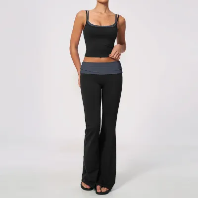 Women Fashion Casual Naked Fake Two-Piece Camisole Low-Waist Pants Yoga Sports Two-Piece Set