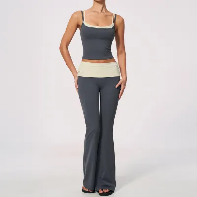 Women Fashion Casual Naked Fake Two-Piece Camisole Low-Waist Pants Yoga Sports Two-Piece Set