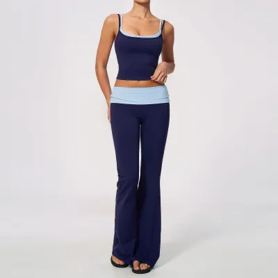 Women Fashion Casual Naked Fake Two-Piece Camisole Low-Waist Pants Yoga Sports Two-Piece Set