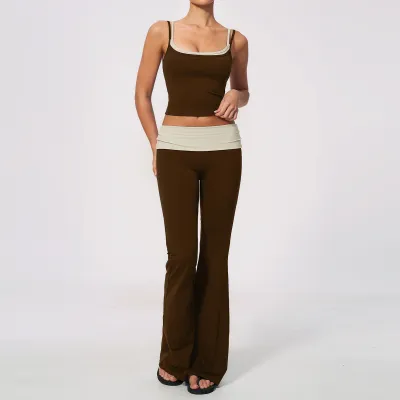 Women Fashion Casual Naked Fake Two-Piece Camisole Low-Waist Pants Yoga Sports Two-Piece Set