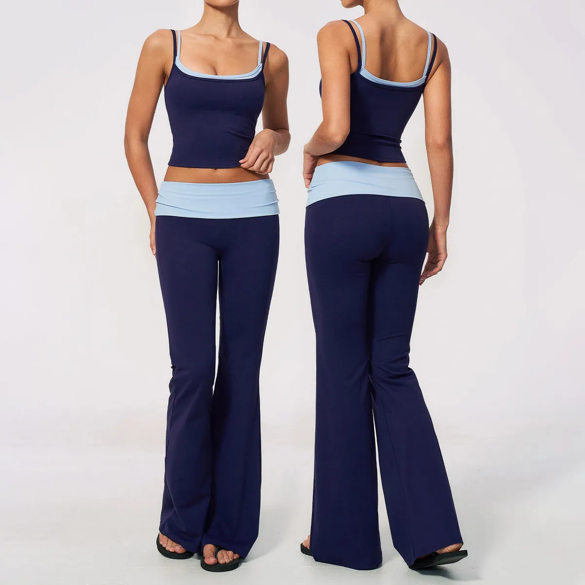 Women Fashion Casual Naked Fake Two-Piece Camisole Low-Waist Pants Yoga Sports Two-Piece Set