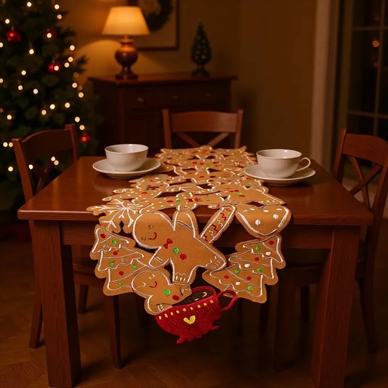 Christmas Gingerbread Printed House Hollow Embroidered Table Runner