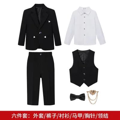 Kids Boys Fashion British Gentleman Style Shirt Vest Coat Pants Bow Tie Brooch Birthday Formal 6pcs/Set