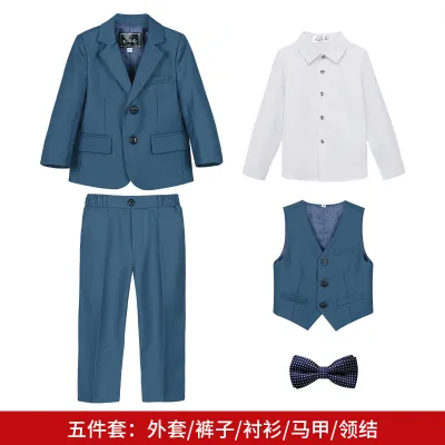 Kids Boys Fashion Autumn And Winter British Shirt Vest Coat Pants Bow Tie Performance 5pcs/Set