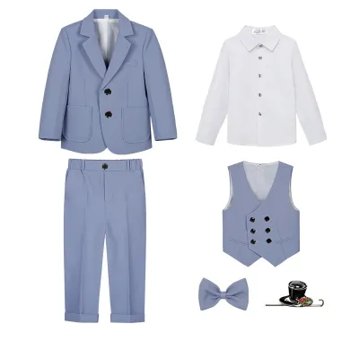 Kids Boys' Fashion Spring And Autumn British Solid Color Shirt Vest Coat Pants Bow Tie Brooch Performance Suit 6pcs/Set