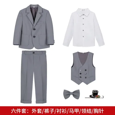 Kids Boys' Fashion Spring And Autumn British Solid Color Shirt Vest Coat Pants Bow Tie Brooch Performance Suit 6pcs/Set