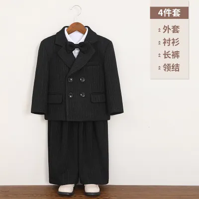 Kids Boys' Fashion Autumn And Winter British Style Stripe Long Sleeve Shirt Coat Pants Bow Tie Banquet 4pcs/Set
