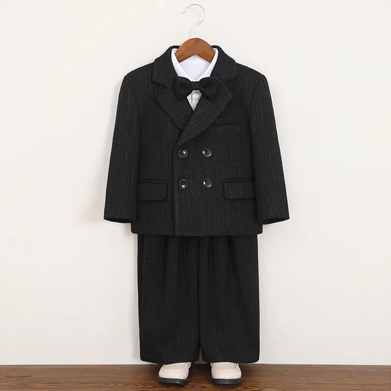Kids Boys' Fashion Autumn And Winter British Style Stripe Long Sleeve Shirt Coat Pants Bow Tie Banquet 4pcs/Set