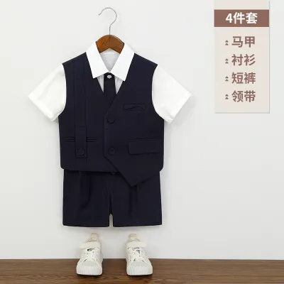 Kids Boy'S Fashion Gentleman'S Lapel Short Sleeve Shirt Vest Shorts Tie Performance 4pcs/Set