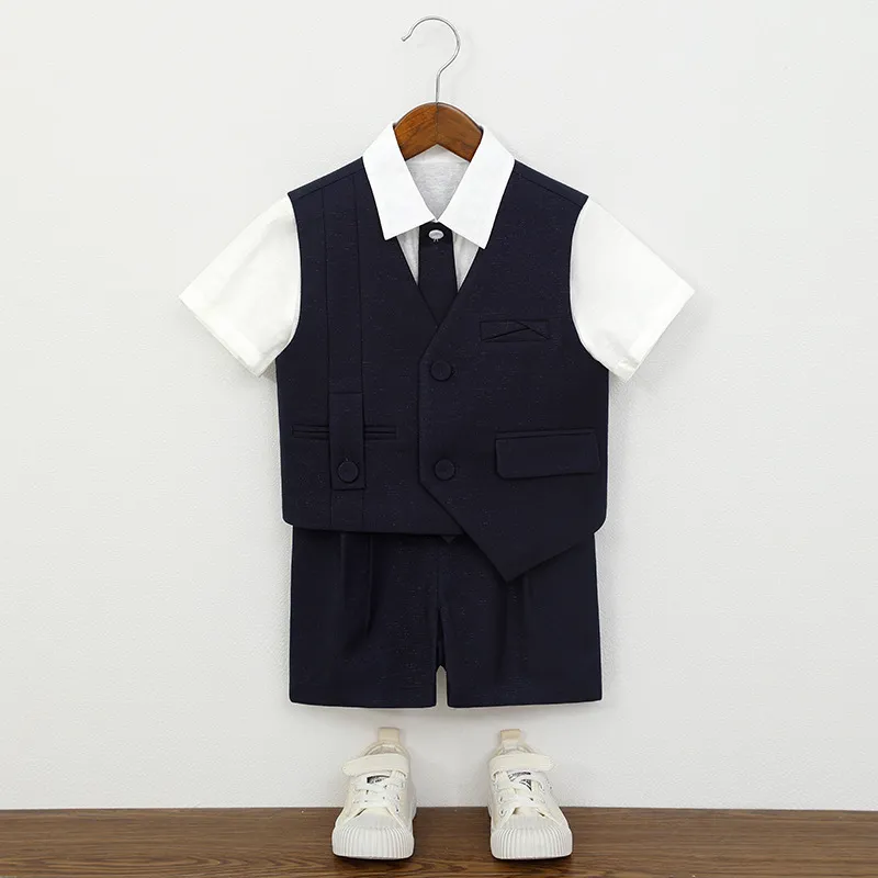 Kids Boy'S Fashion Gentleman'S Lapel Short Sleeve Shirt Vest Shorts Tie Performance 4pcs/Set