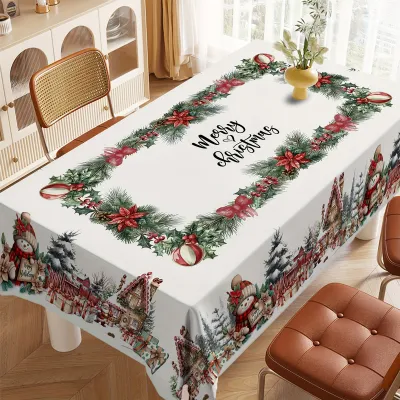 Christmas Tree Scene Snowflake Snowman Waterproof Dining Table Tablecloth Decorative
