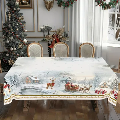 Christmas Tree Scene Snowflake Snowman Waterproof Dining Table Tablecloth Decorative